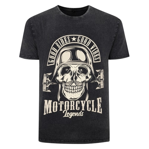 Bigdude – T-Shirt mit Acid-Wash-Totenkopf-Print, verwaschenes Schwarz, große Größe